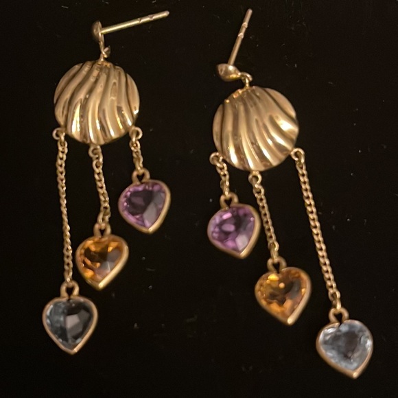 14 k GOLD AND SEMI PRECIOUS HANGING HEART EARRINGS - Picture 1 of 5